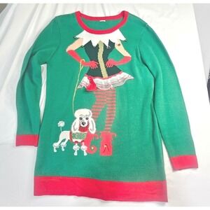 Ugly Christmas Green Red Elf Walking Poodle Sweater Dress with Bells